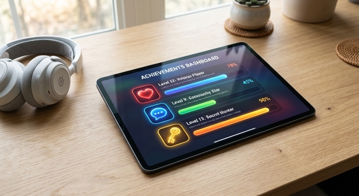 Tablet displaying a colorful gaming achievement dashboard with heart and speech icons, in soft natural lighting.
