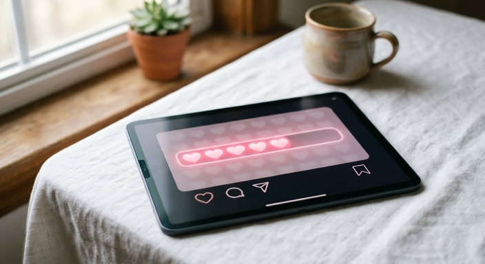Close-up of a digital tablet screen showing a glowing relationship heart meter and UI buttons on a bright wooden desk.