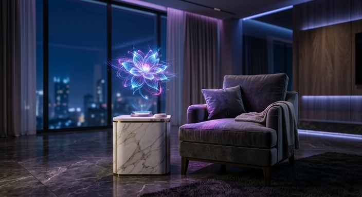 A luxury virtual living room nook featuring a velvet armchair and a glowing holographic flower ornament.