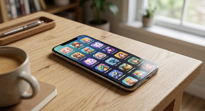 A modern smartphone on a wooden desk displaying a collection of colorful virtual simulator game icons under soft natural light.