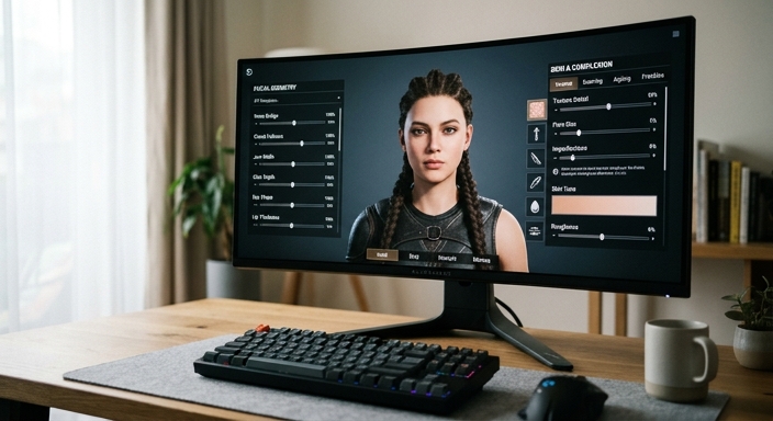 A high-end gaming setup showing a character customization screen with detailed facial sliders and a 3D avatar.
