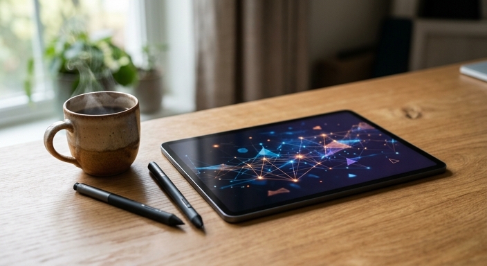 A high-end tablet on a wooden desk next to a steaming mug, showing a glowing abstract interface.