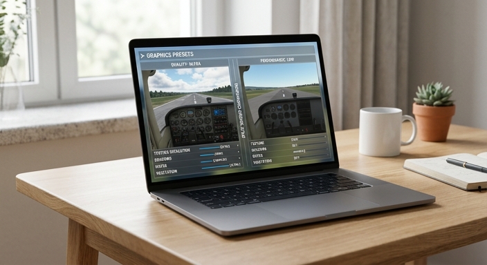 A split-screen comparison on a laptop monitor showing the visual differences between ultra and optimized low graphical settings in a simulation game.