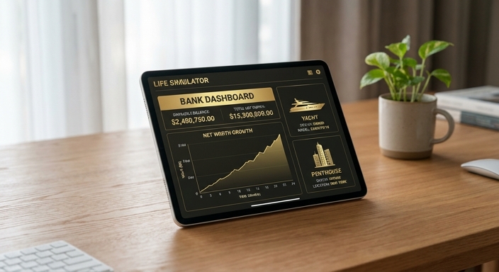 A tablet on a wooden desk displaying a life simulation game’s financial interface with a growth chart and luxury icons.